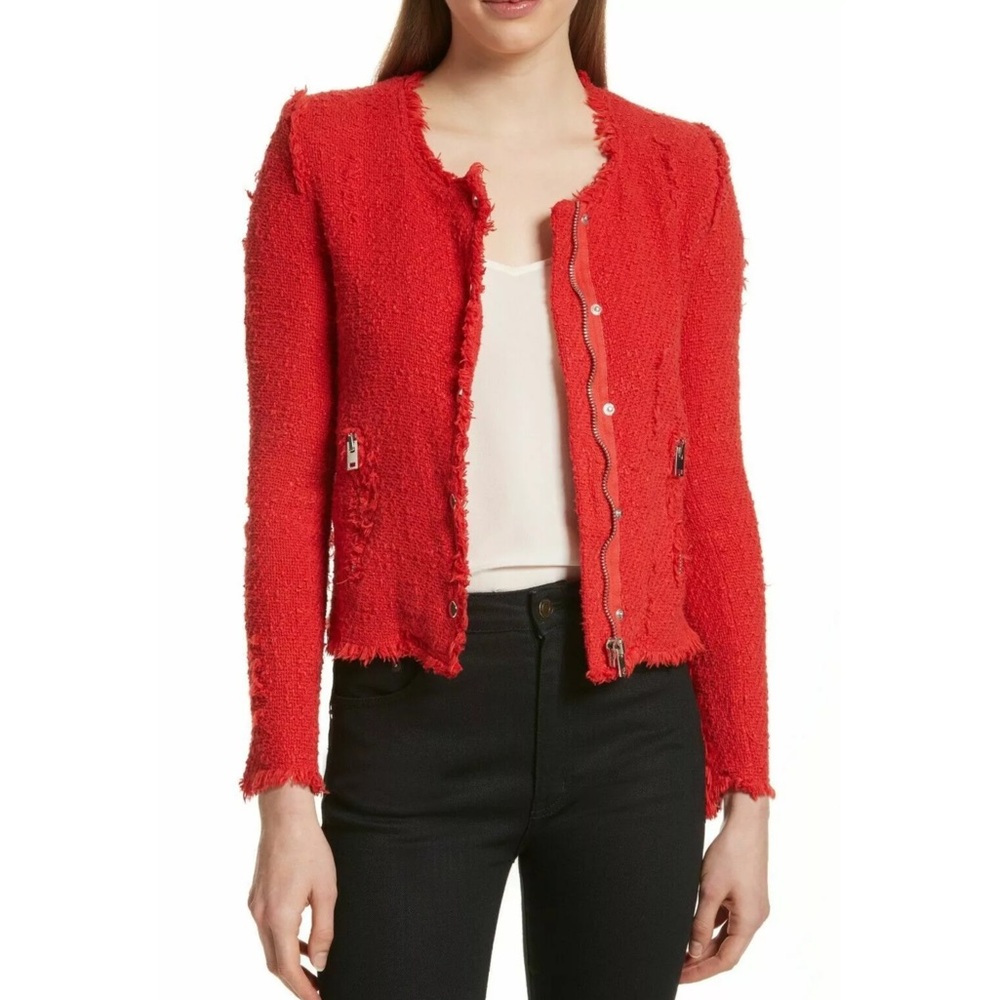 IRO AGNETTE DISTRESSED TWEED BOMBER POPPY RED JACKET W/ ZIPPER & SNAP BUTTONS